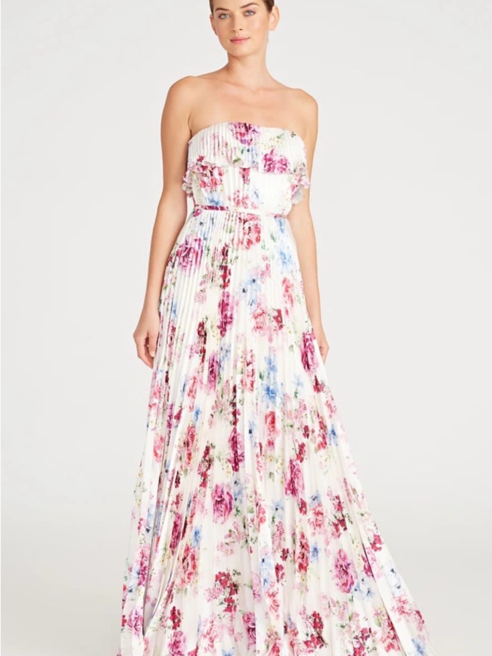 Monique Lhuillier White Strapless Floral Pleated Maxi Dress